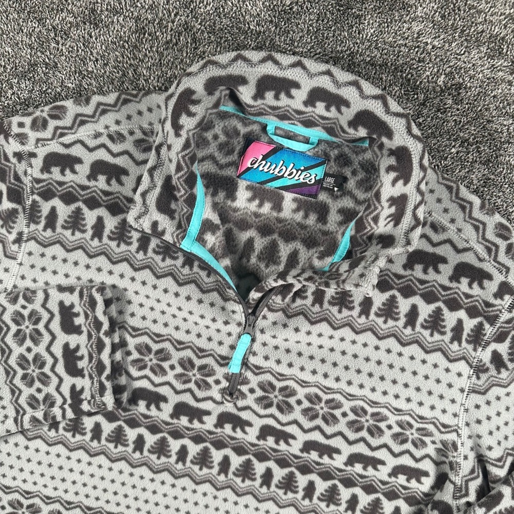 Chubbies Pullover Mens Large Grey Bear Fair Isle Fleece Quarter Zip Sweater